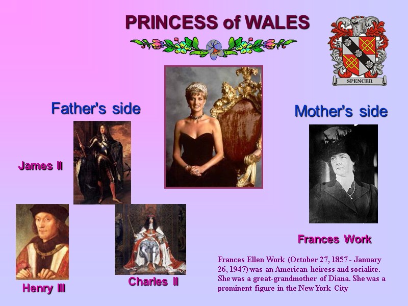 PRINCESS of WALES Father's side Mother's side Frances Work James II Henry III Charles